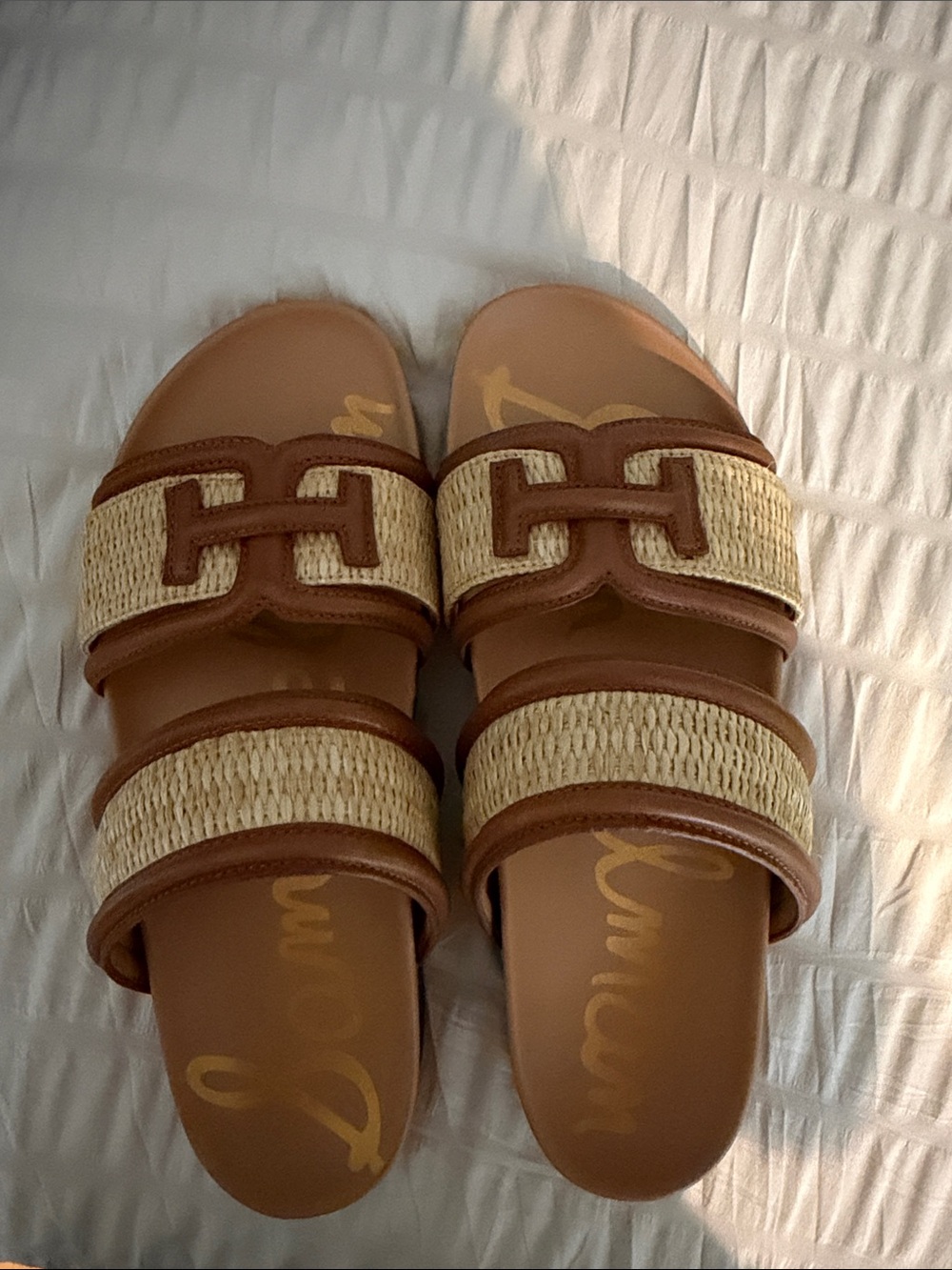Sam Edelman Brown and Beige Double Band Slide Sandals